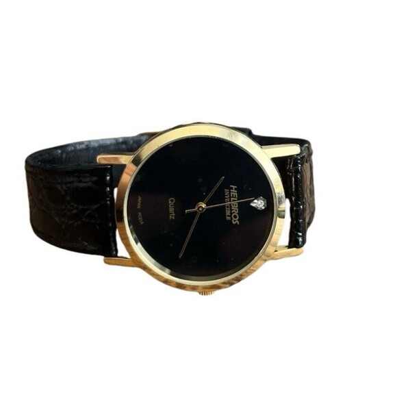 Helbros Invincible Watch Women Gold Tone Black Dial Leather Band New Battery - Picture 5 of 6